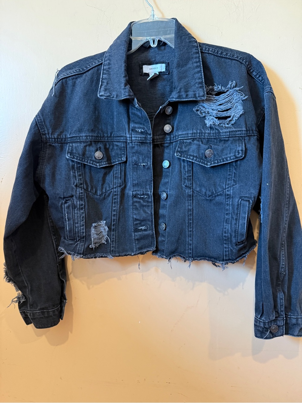 Forever 21 Distressed Black Cropped Denim Jacket, Size S